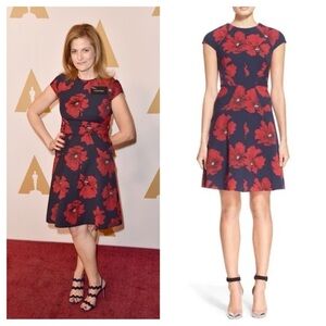 Lela Rose / Dress Cap Sleeve Poppy Floral Wedding Garden Navy Blue Red shift 10